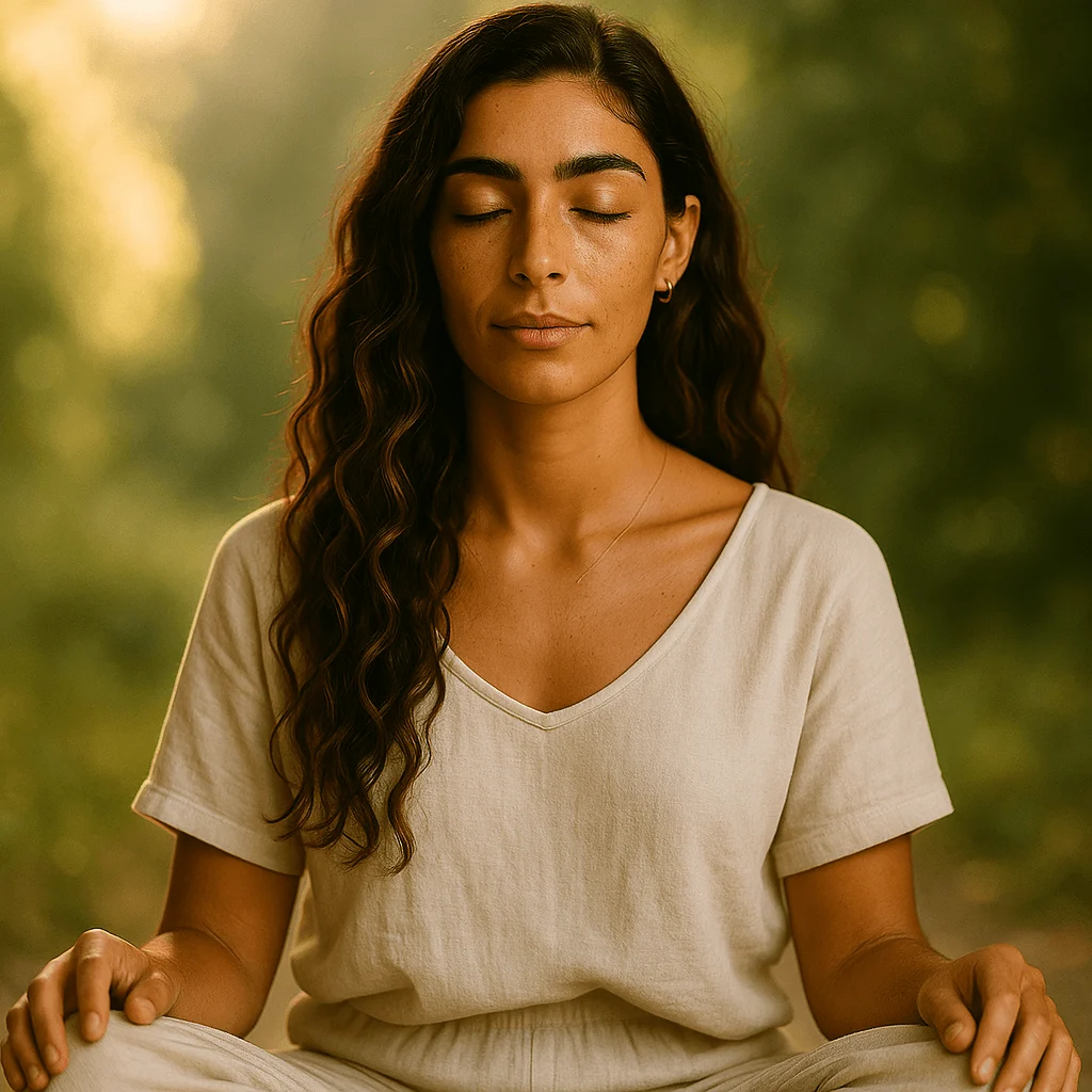 Femme en pleine méditation, sereine et détendue : Nala, application de méditation, de sommeil et de relaxation éditée par Sovra.dev.